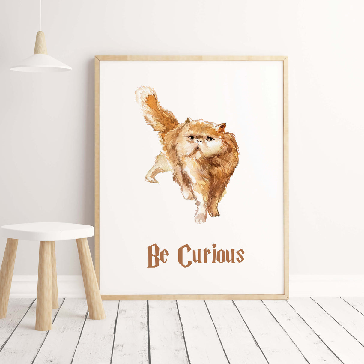 Watercolor cat with be curious print for mystic and fantasy home decor.