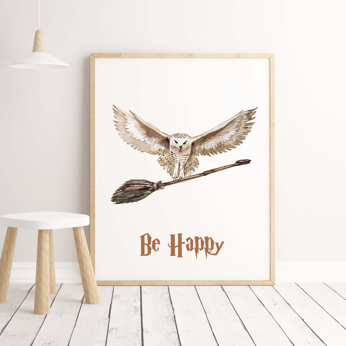 Watercolor cat with be happy print for kids room decor.