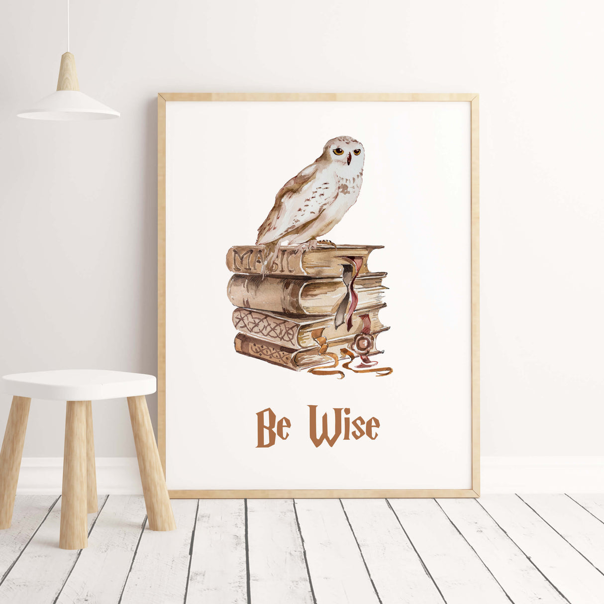 Watercolor wizard print with owl and books and be wise quote