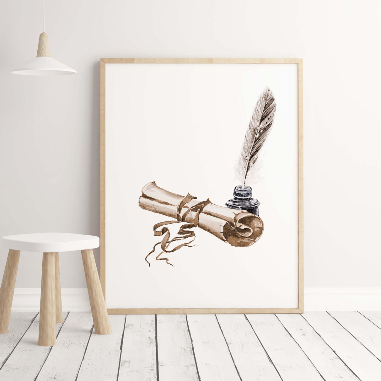 Watercolor wizard poster with feather pen, ink, postal letter