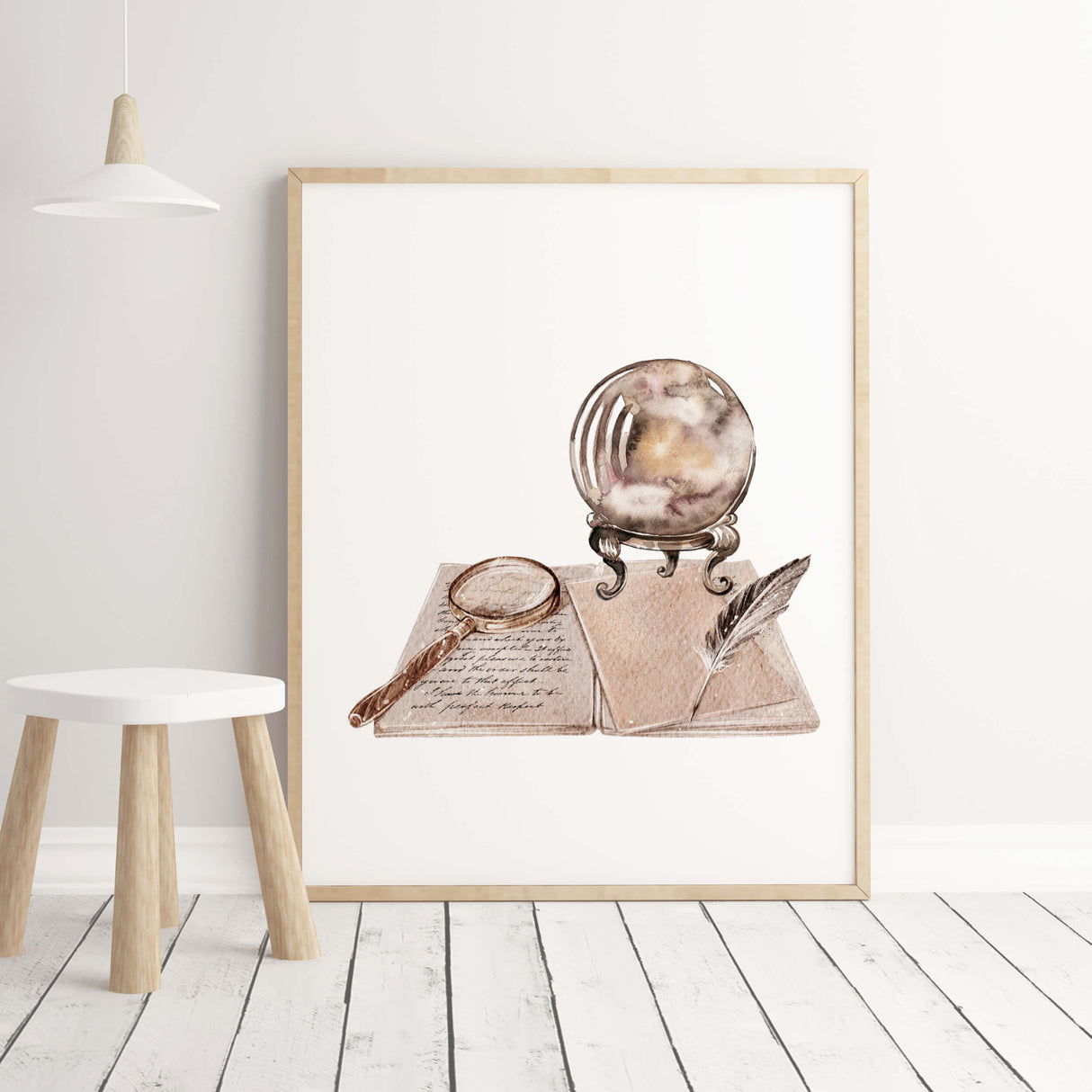Watercolor wizard print with magnifying glass, book, magic ball for neutral mystic room decor.