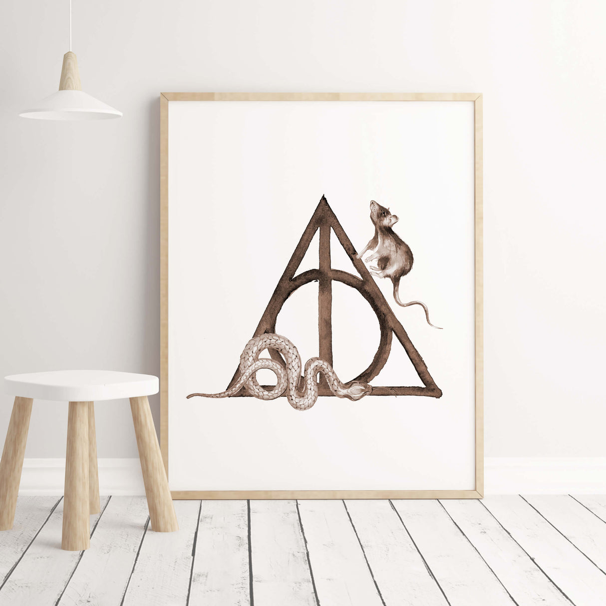 Watercolor wizard printable with rat, snake for mystical and fantasy room decoration