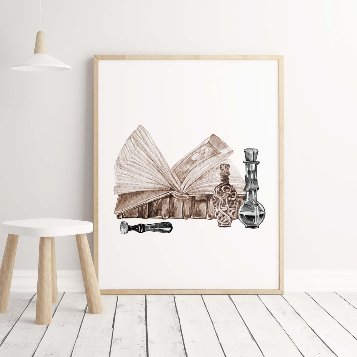 Watercolor magical wizarding print with book, seal, glass for neutral Halloween decor.