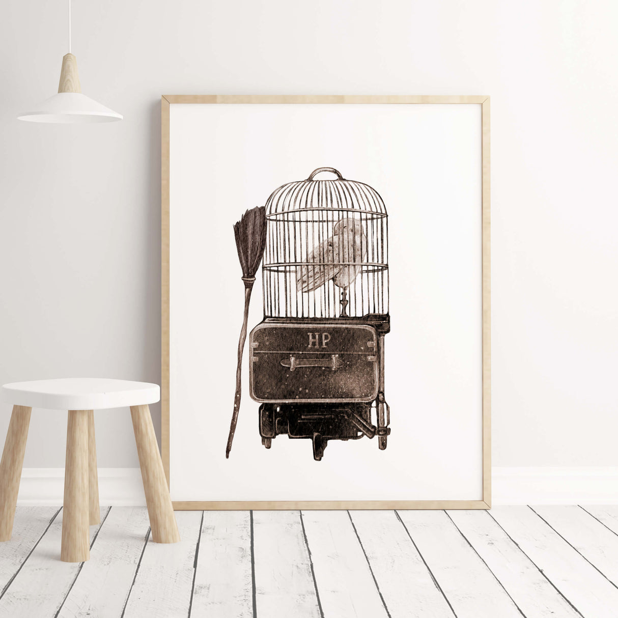 Watercolor wizard print with birdcage, owl, broom for neutral magical kids room decor.