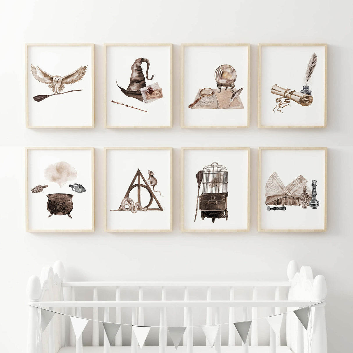 Set of 8 watercolor magical wizard poster for kids room decor.