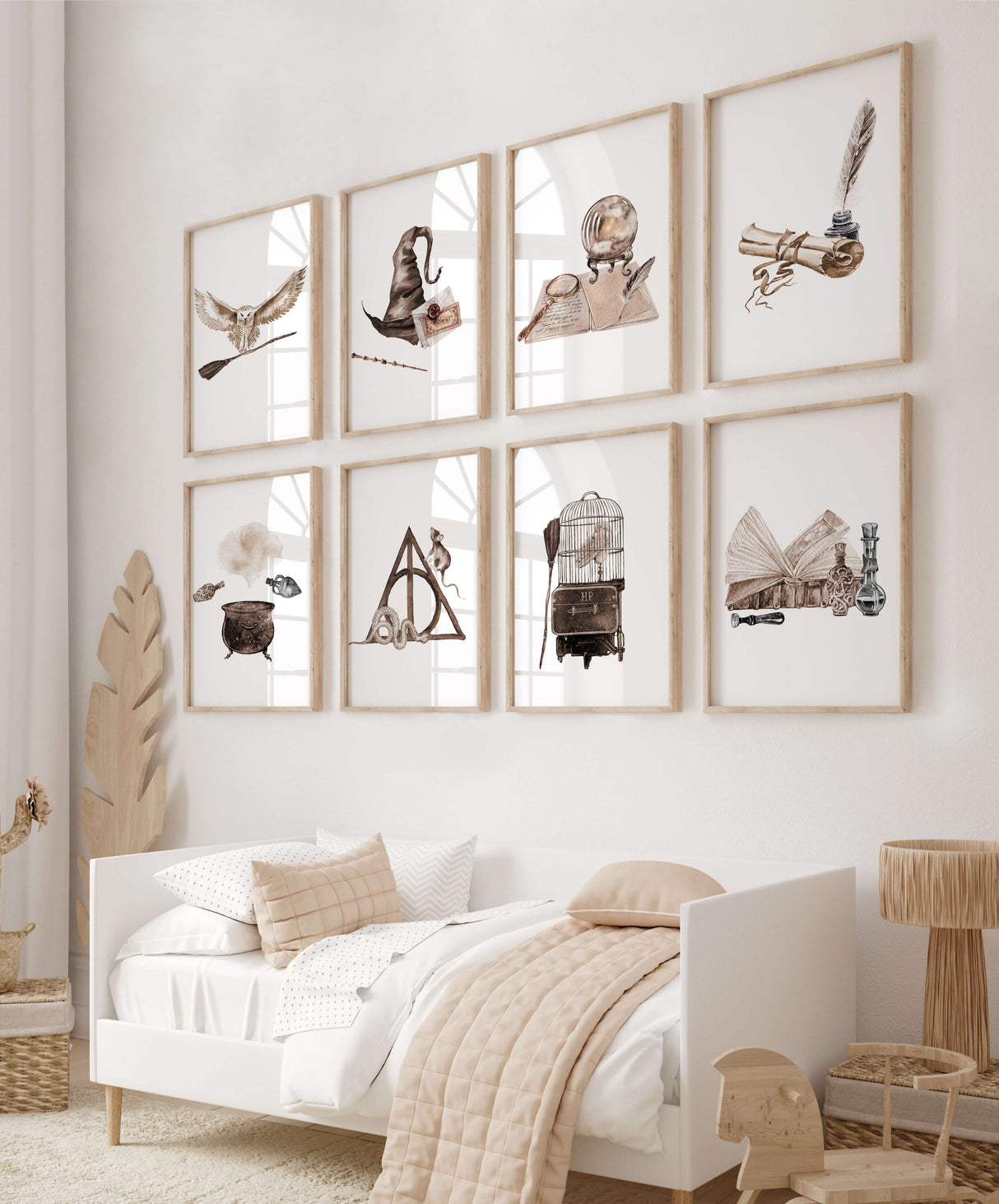 Set of 8 watercolor wizarding printable for neutral nursery decor.