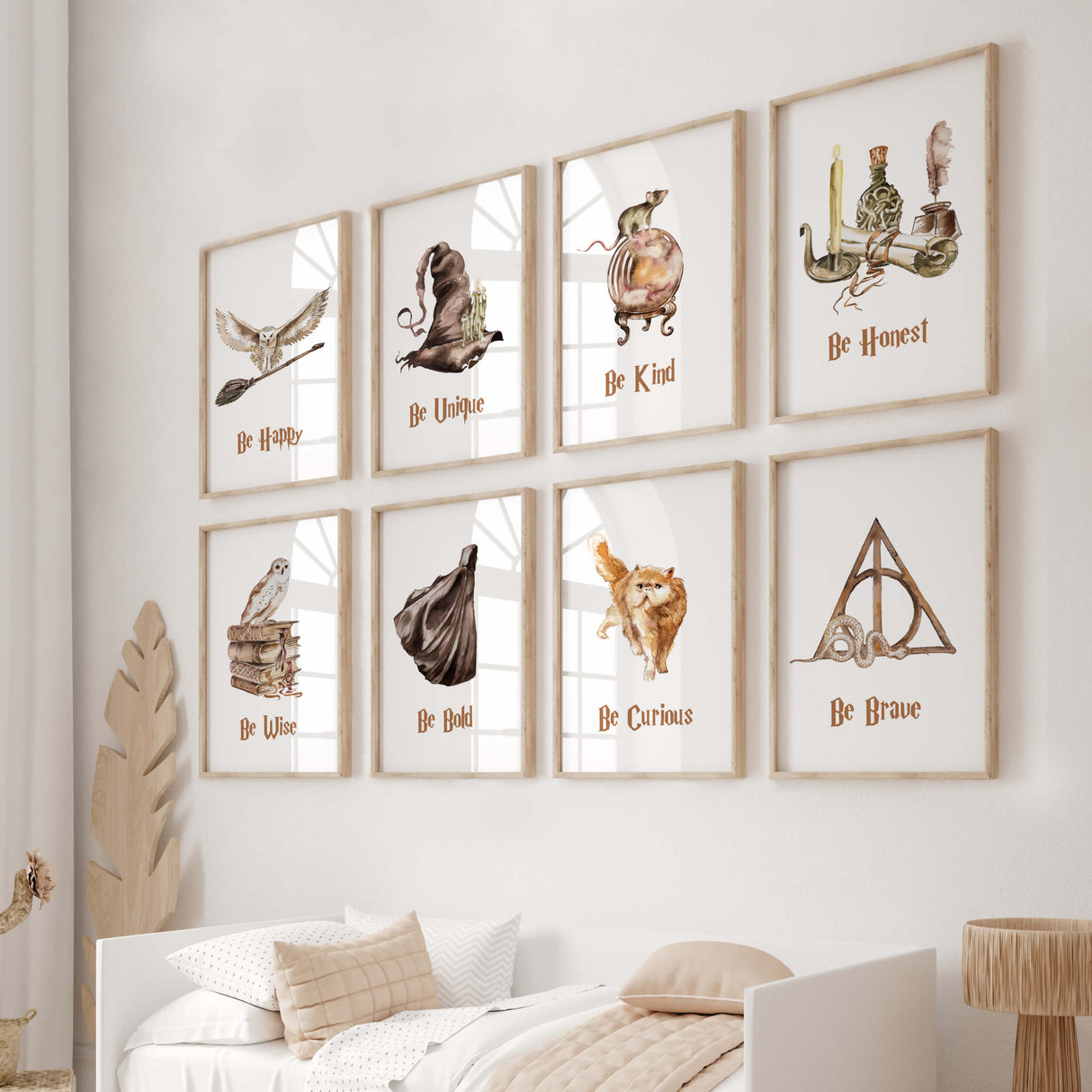 Set of 8 watercolor wizard poster with inspirational quote: be happy, be unique, be kind, be honest, be wise, be bold, be curious, be brave.