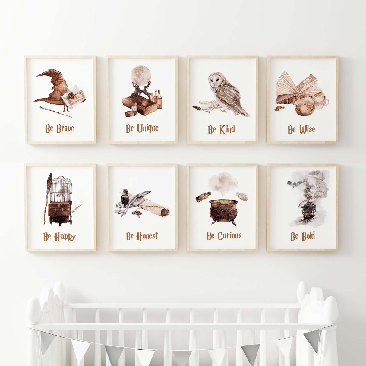 Set of 8 wizard print with inspirational quote for neutral kids room decor.