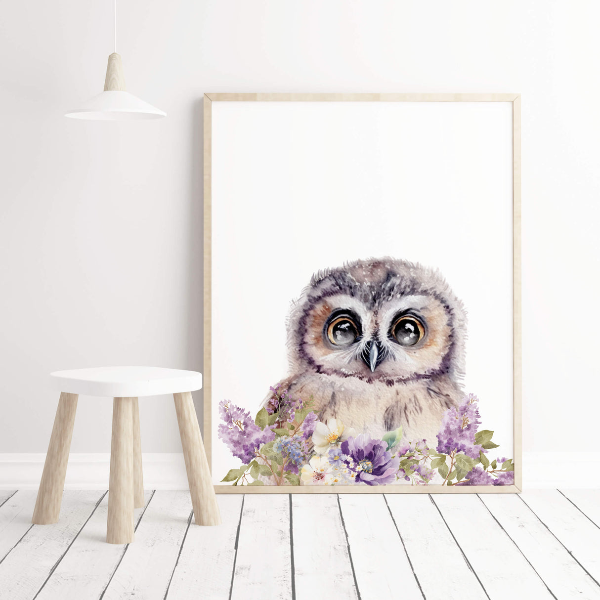 Watercolor owl with purple lilac flower print for nursery decor and kids wall decor.
