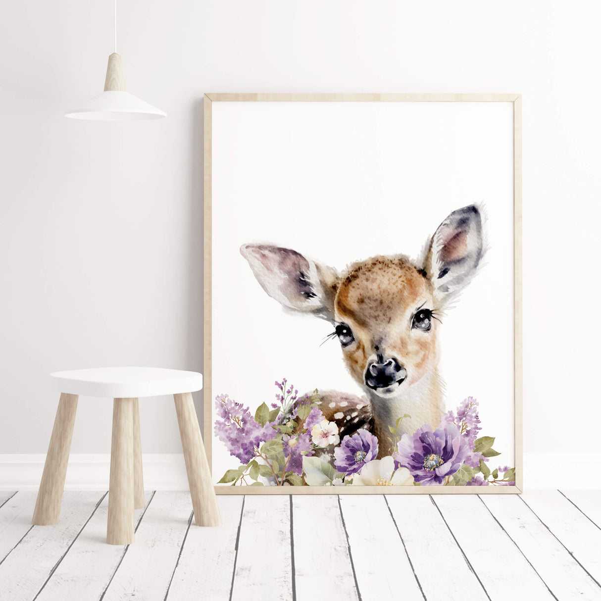 Watercolor deer with purple lilac flower print for nursery decor and kids wall decor.