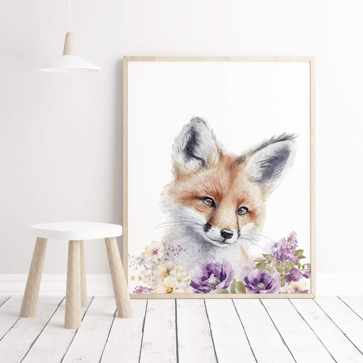 Watercolor fox with purple lilac flower print for nursery decor and kids wall decor.