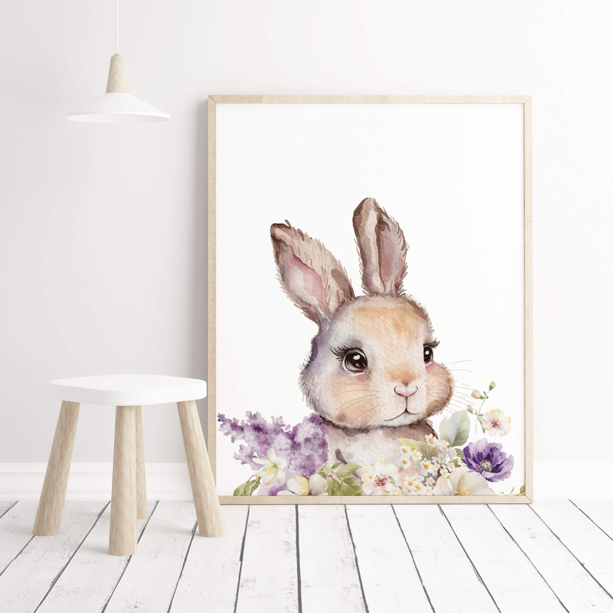 Watercolor bunny with purple lilac flower print for nursery decor.
