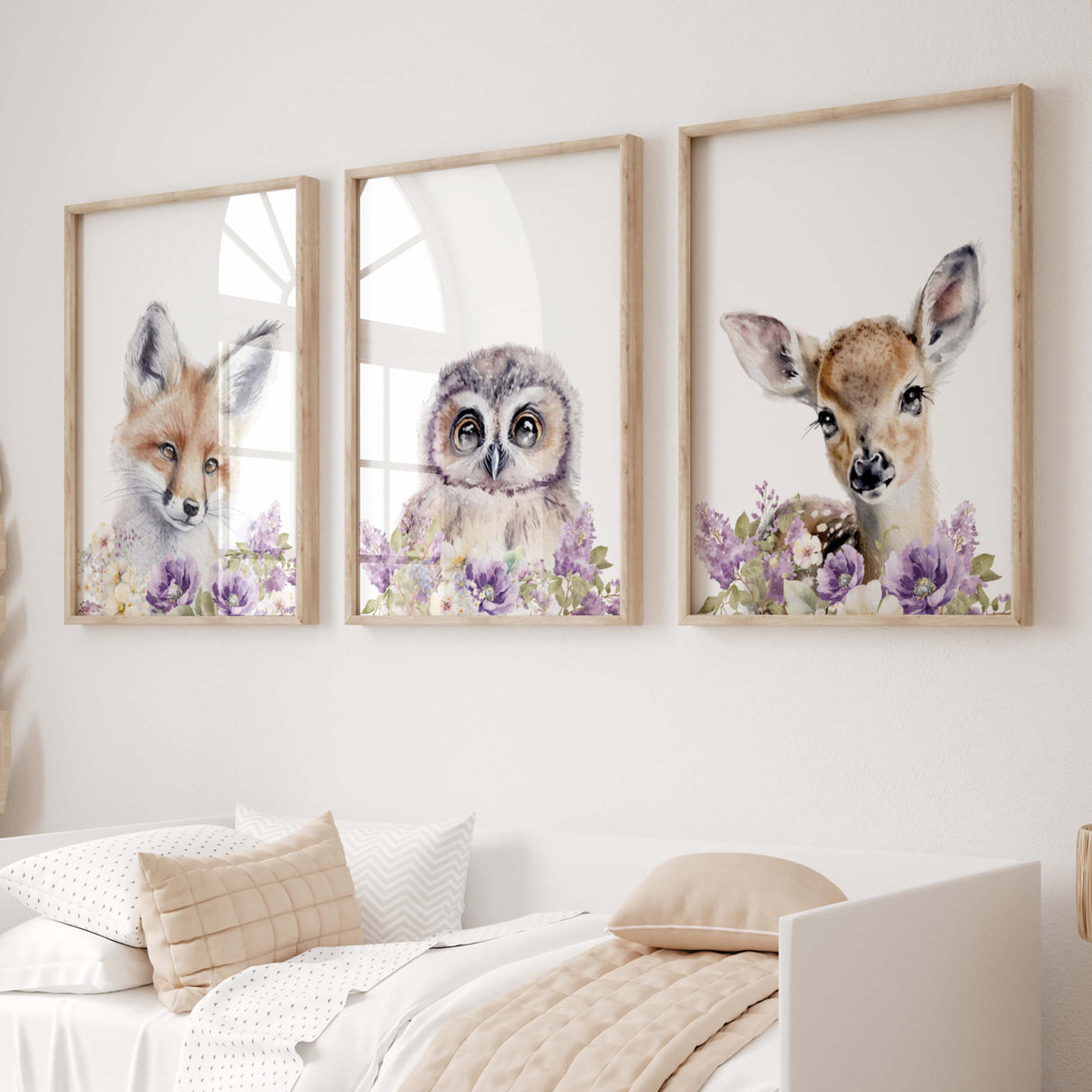 Watercolor woodland animal head with fox, owl, deer and purple lilac flower print for nursery decor.