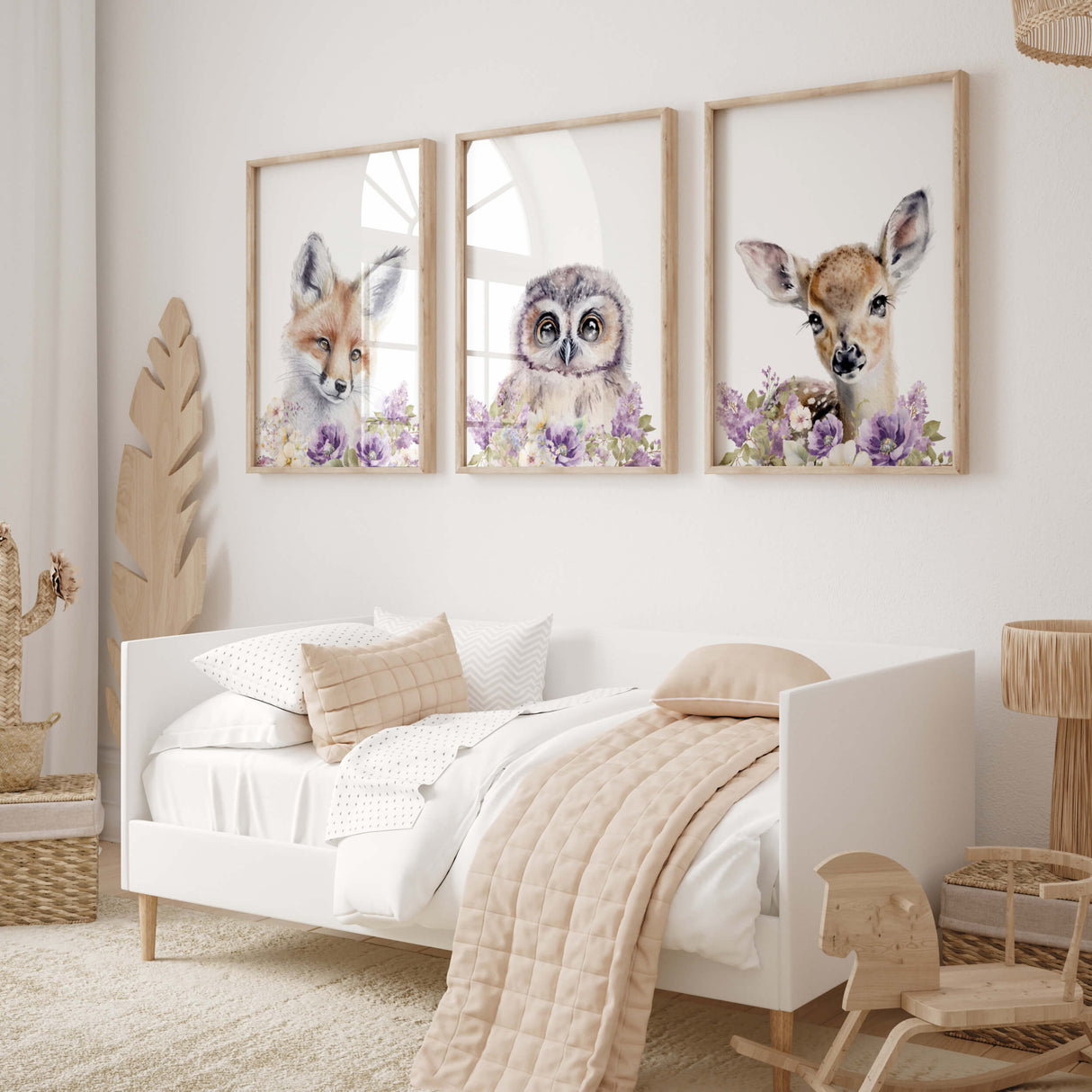 Set of 3 watercolor woodland animal with fox, owl, deer and purple lilac flower print for nursery decor and kids wall decor.