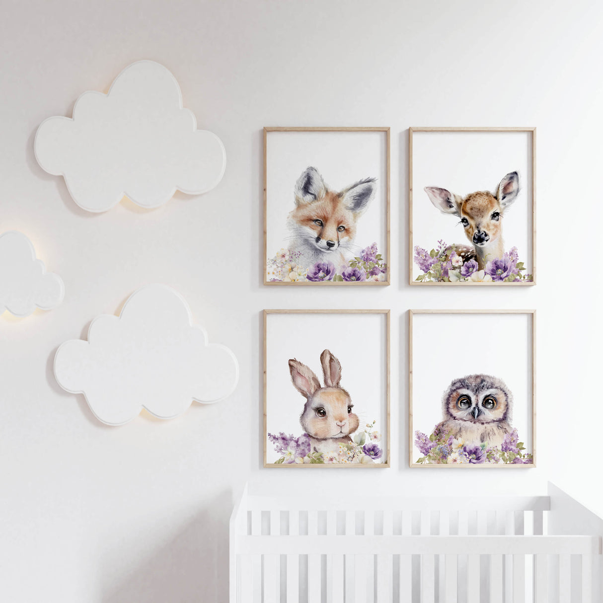 Watercolor woodland animal head with fox, owl, deer and purple lilac flower printable for nursery decor.
