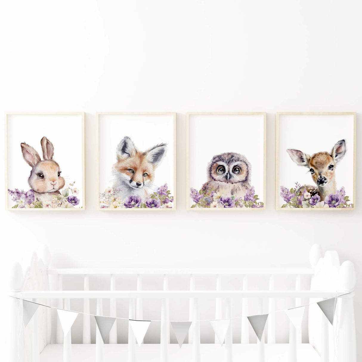 Watercolor woodland animal head with fox, owl, deer and purple lilac flower poster for nursery decor.
