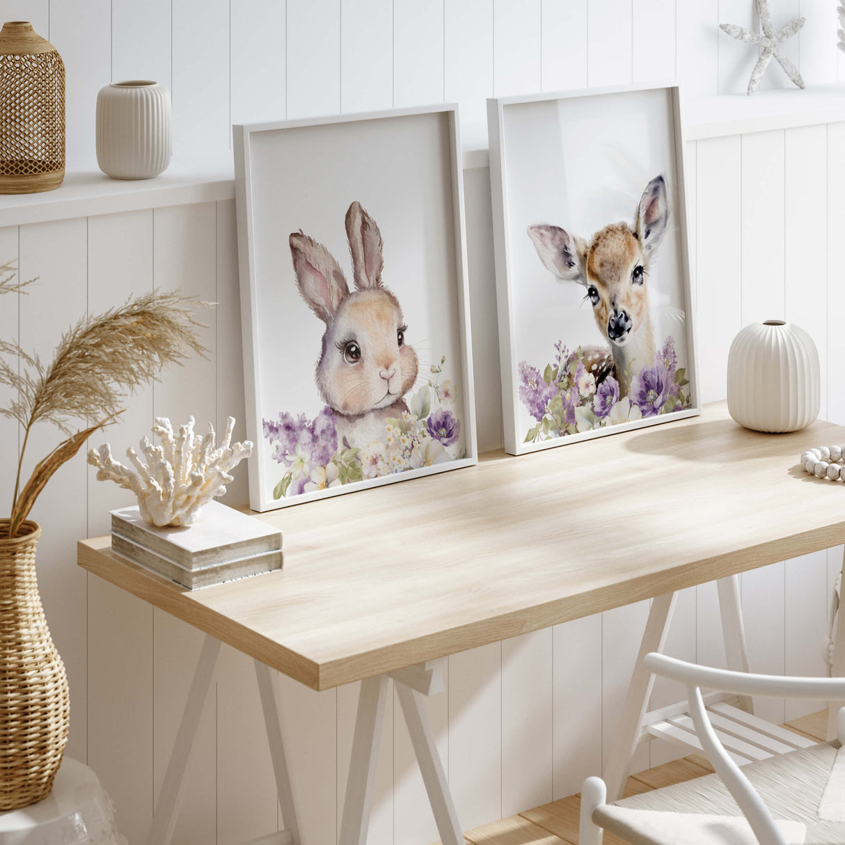 Set of 2 woodland animal with purple lilac flower print for nursery decor and kids wall decor.