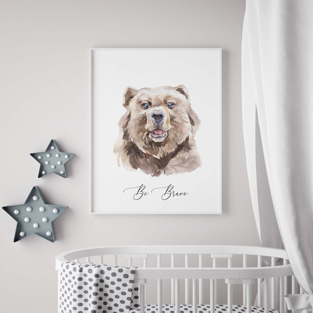 Watercolor bear print with be brave quote for neutral nursery decor.