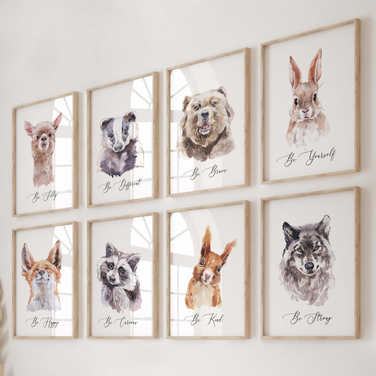 Set of 8 watercolor woodland animal print with quote for gender neutral nursery decor.