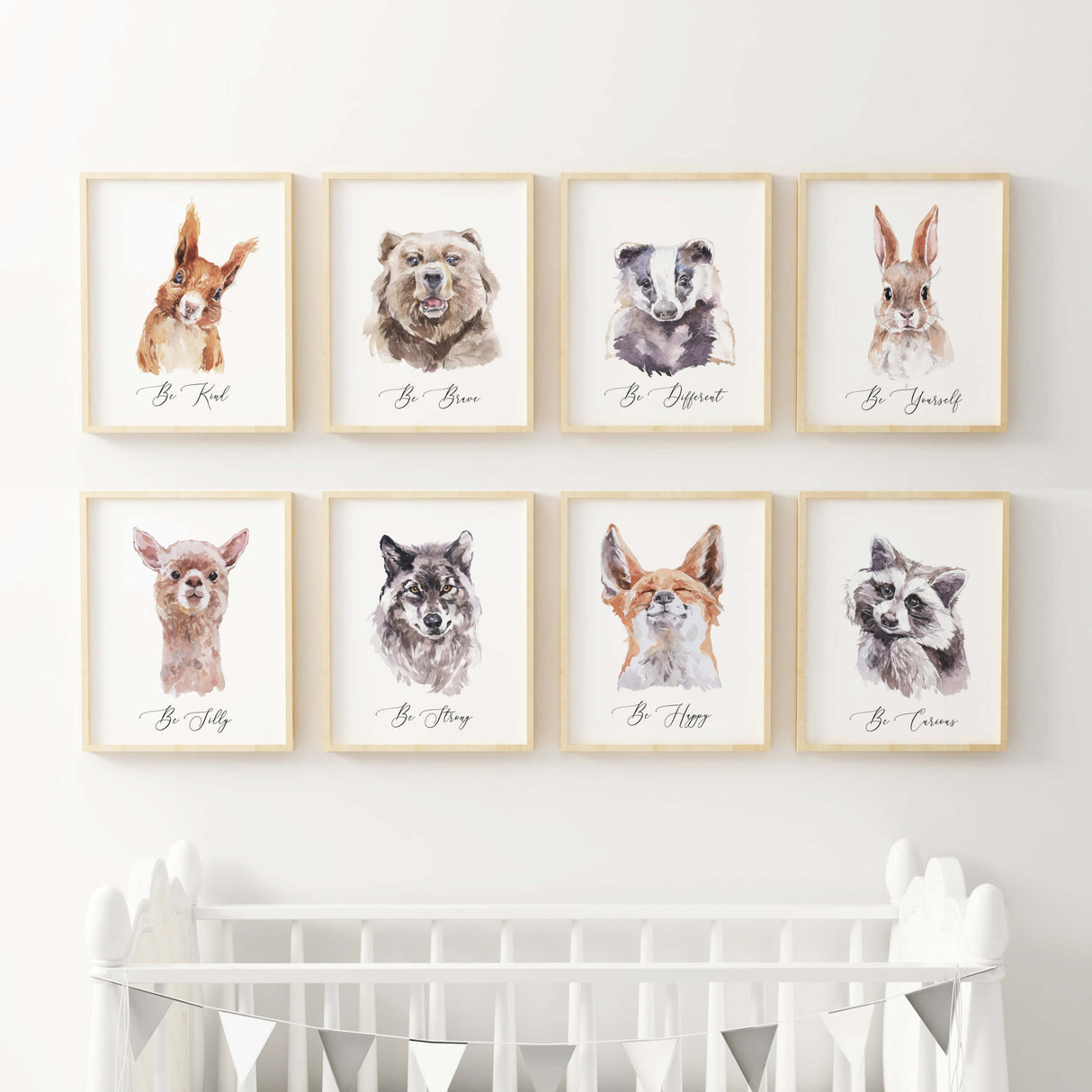 Set of 8 watercolor woodland animal print with gray,brown, beige colors and quote for gender neutral nursery decor and boho nursery decor.