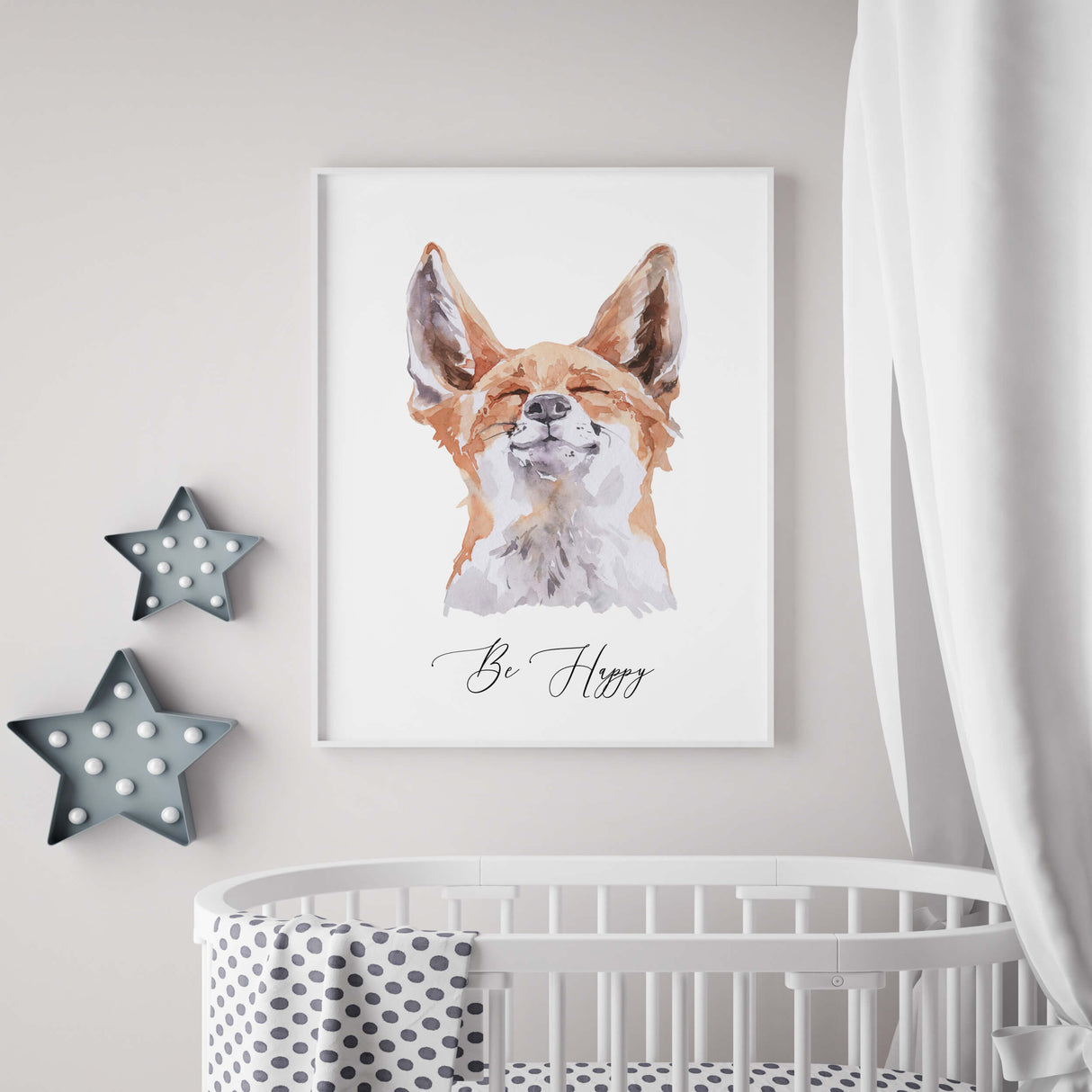 Watercolor bear print with be happy quote for neutral nursery decor.