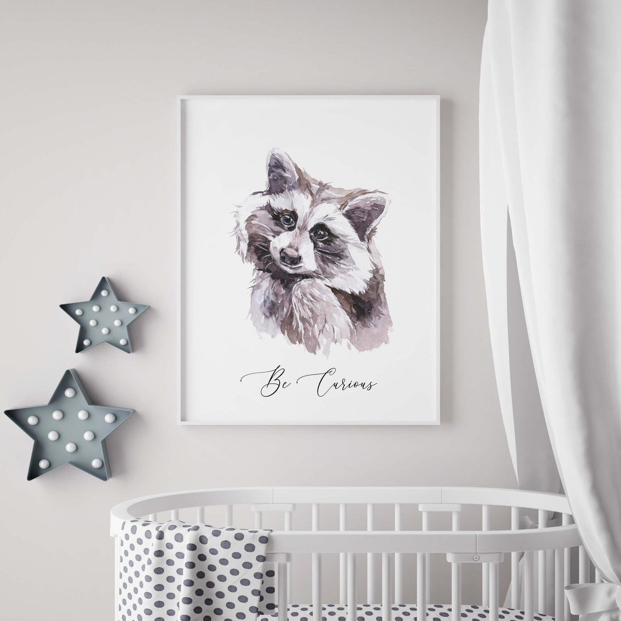 Watercolor bear print with be curious quote for neutral nursery decor.