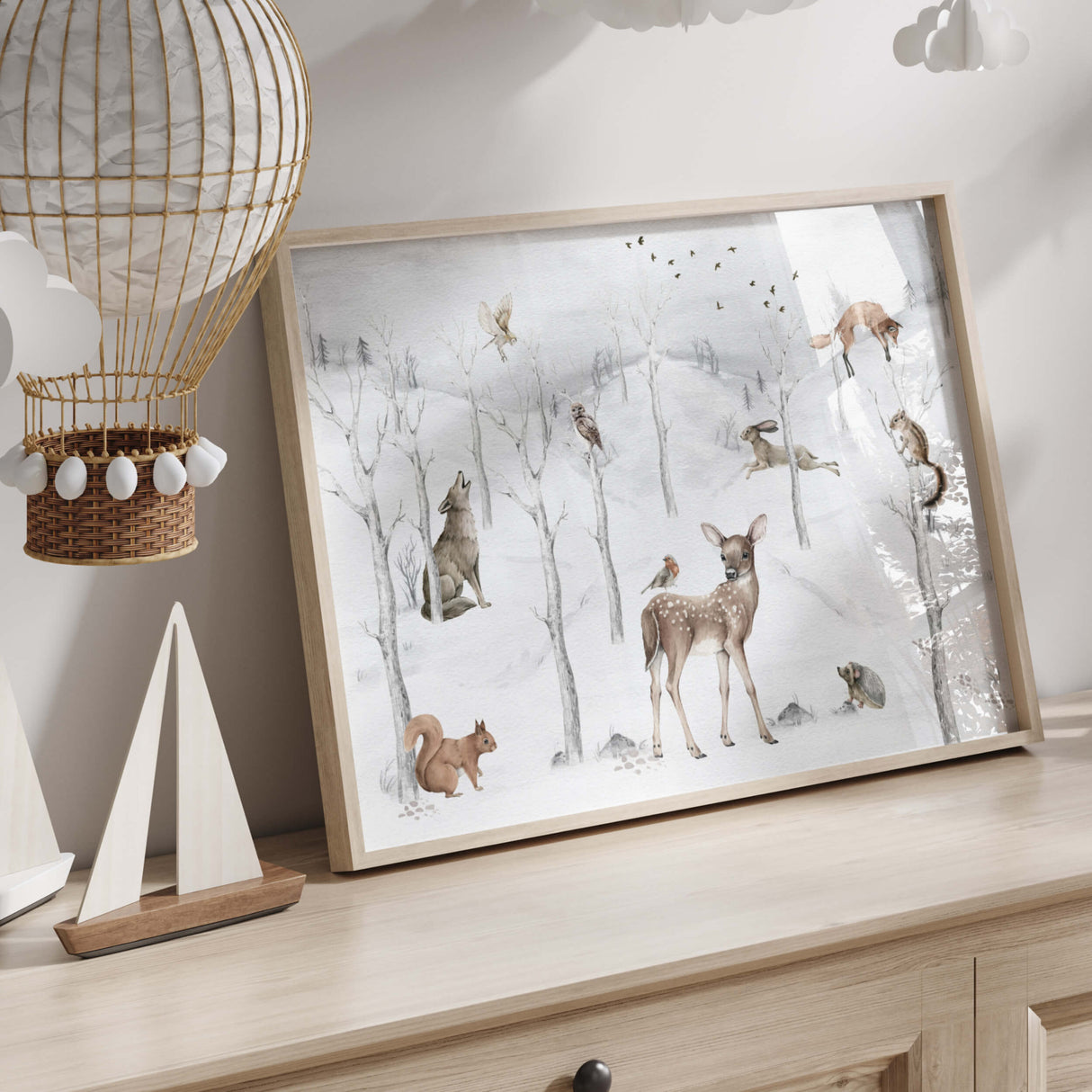 Watercolor winter landscape nursery print with woodland animal for white beige nursery decor.