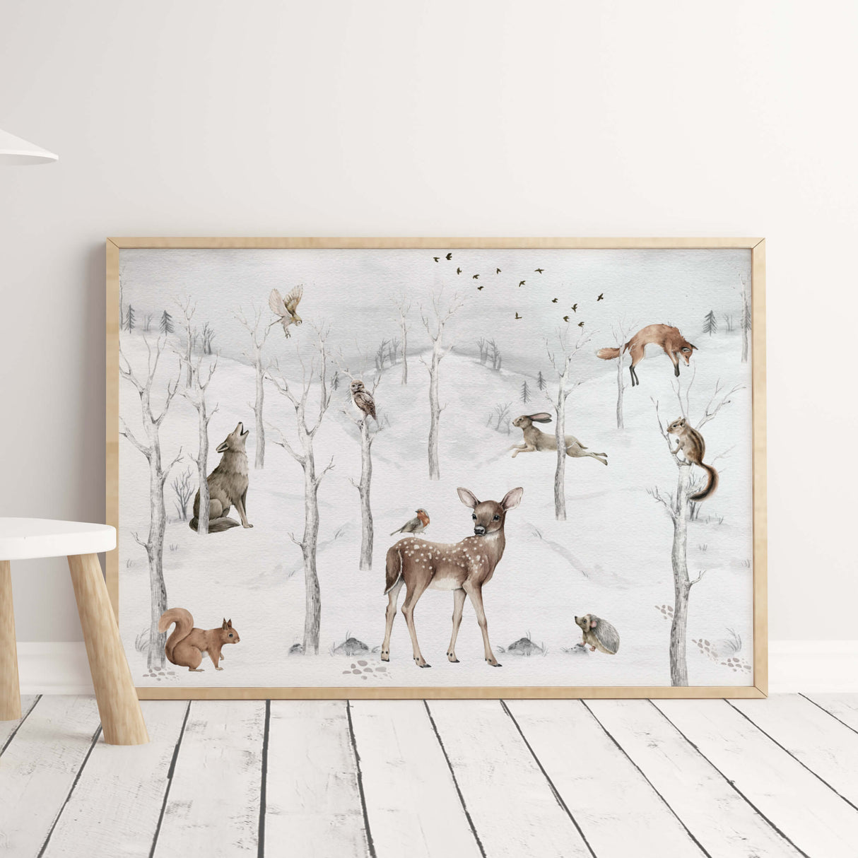 Watercolor woodland animal with  winter landscape print for gender neutral nursery decor.