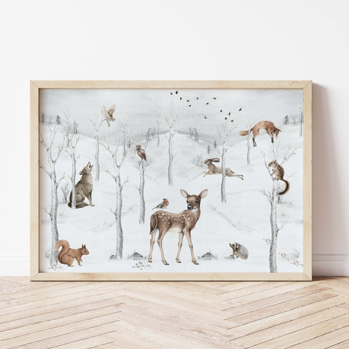 Watercolor winter landscape nursery print with woodland animal for gender neutral christmas nursery  and kids decor.