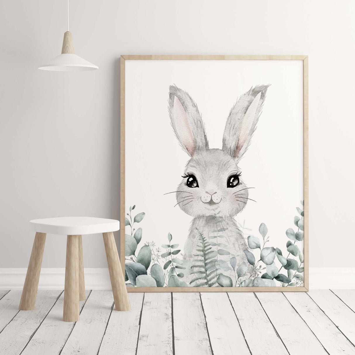 Watercolor bunny with eucalyptus print for gender neutral nursery decor.