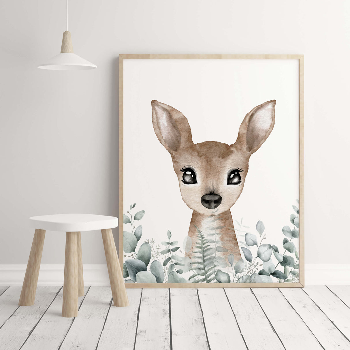 Watercolor deer with eucalyptus print for gender neutral nursery decor.