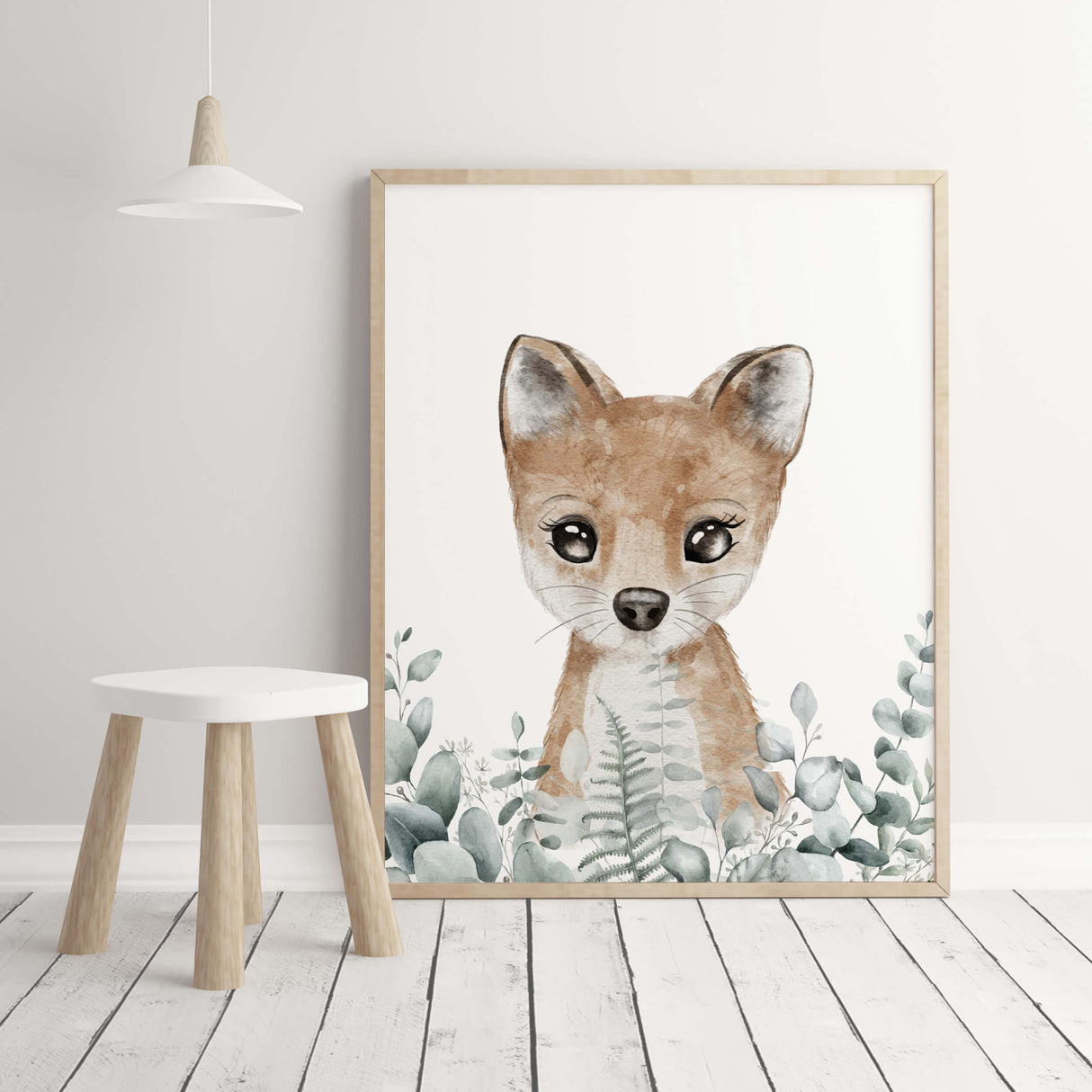 Watercolor fox with eucalyptus print for gender neutral nursery decor.