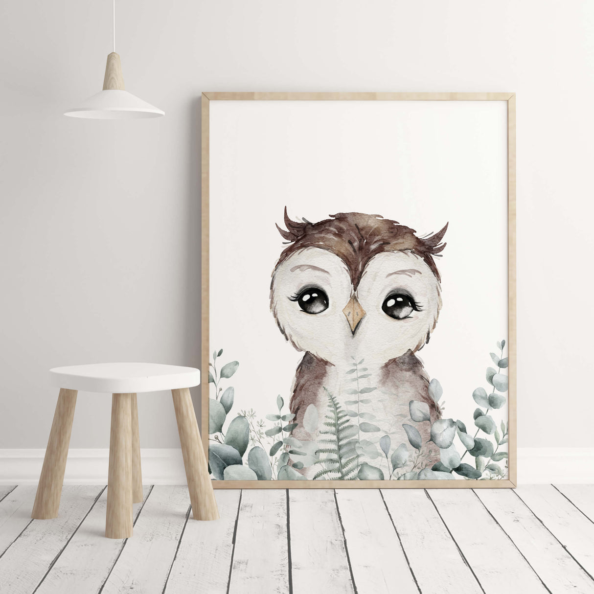 Watercolor owl with eucalyptus print for gender neutral nursery decor.