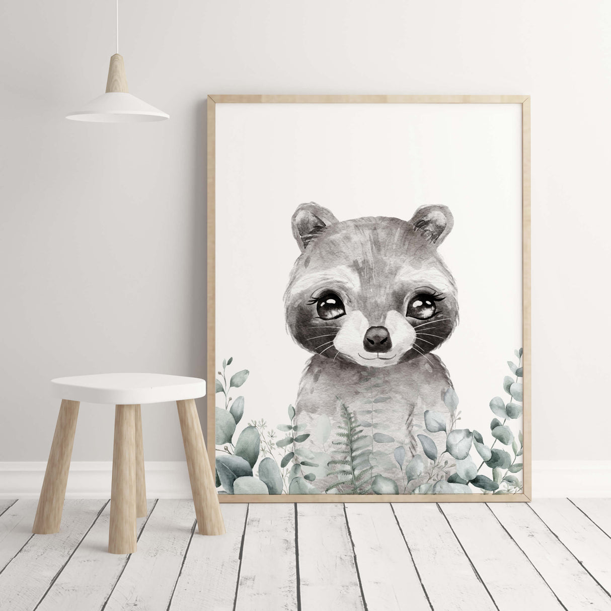 Watercolor panda with eucalyptus print for gender neutral nursery decor.