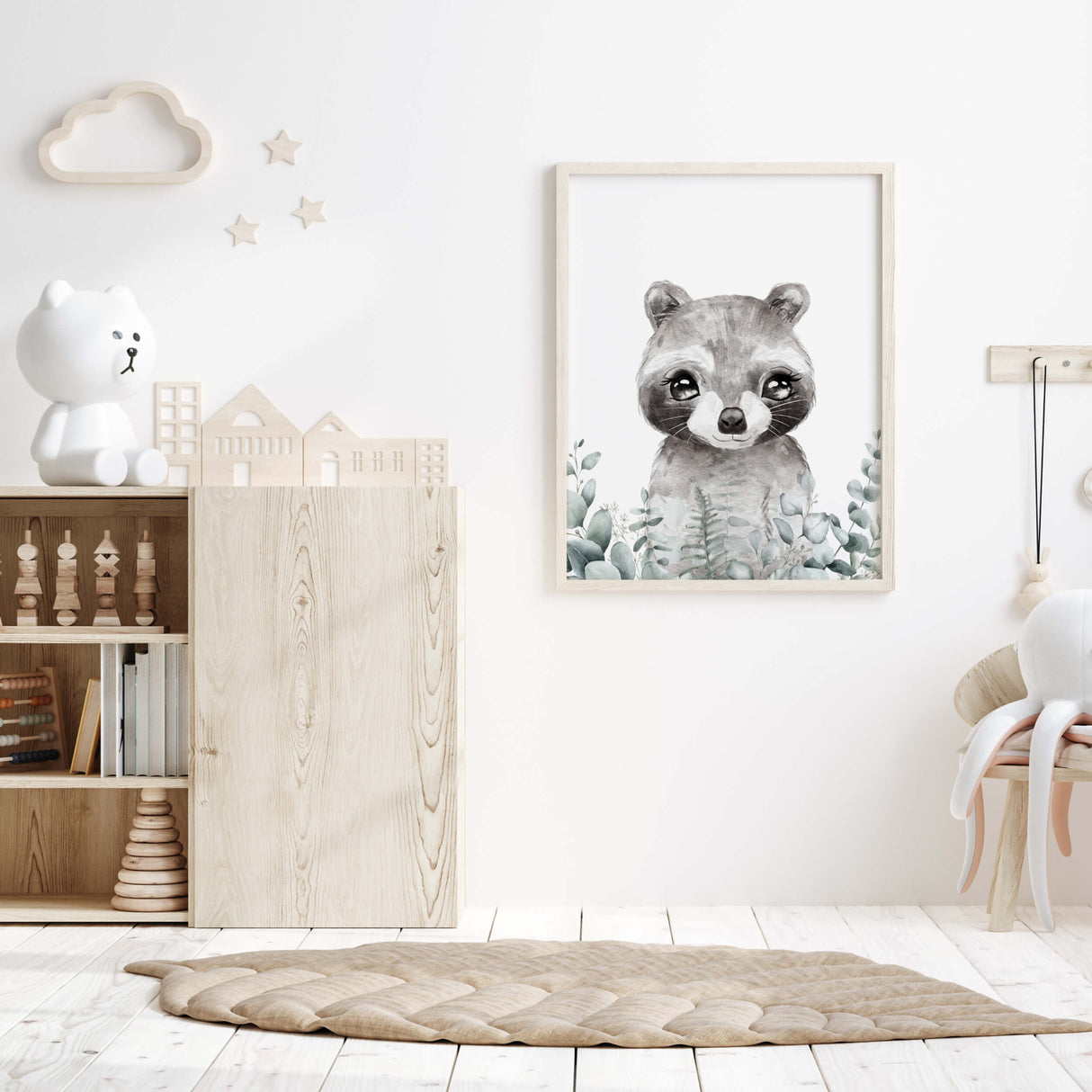 Watercolor panda with eucalyptus print for gender neutral nursery decor.