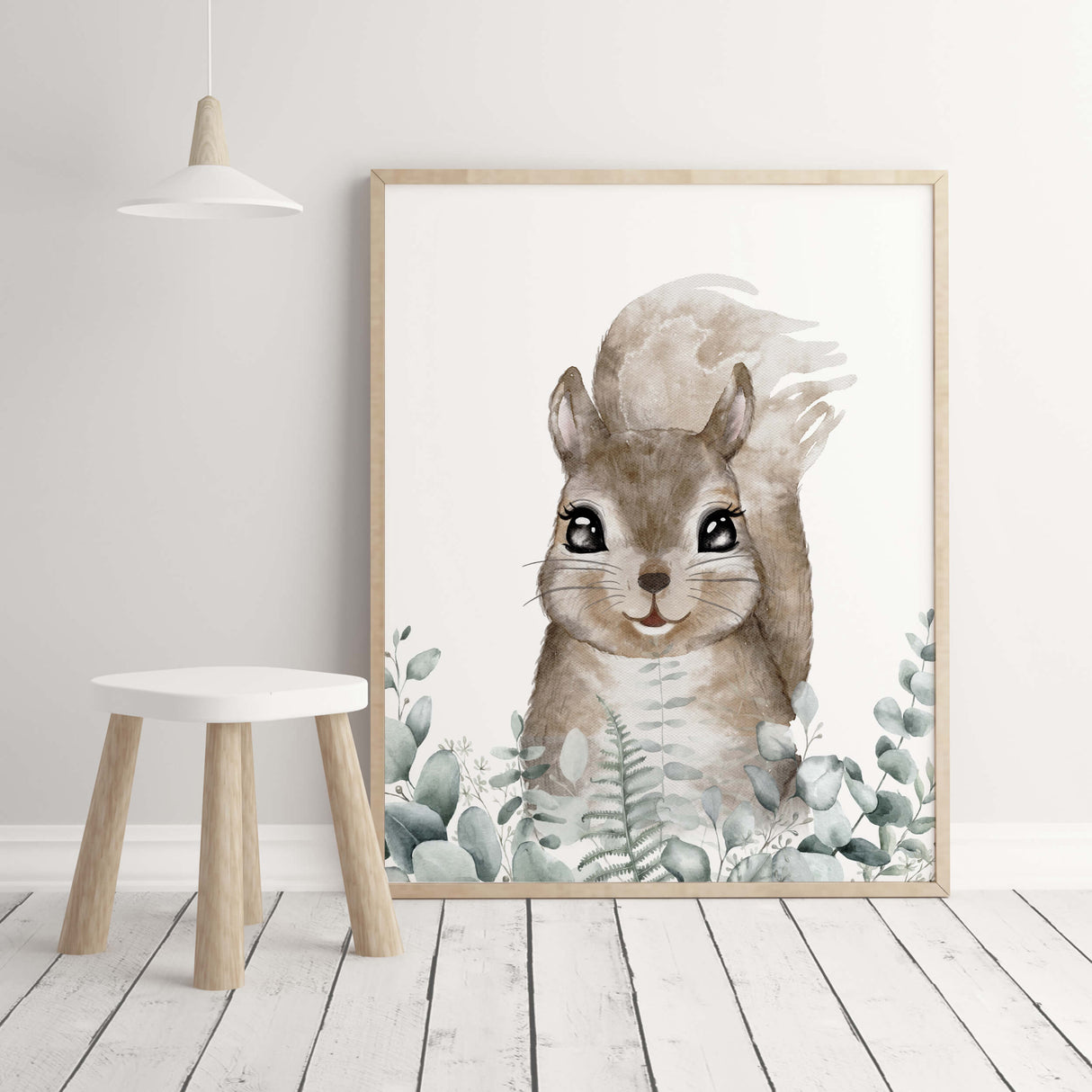 Watercolor squirell with eucalyptus print for gender neutral nursery decor.
