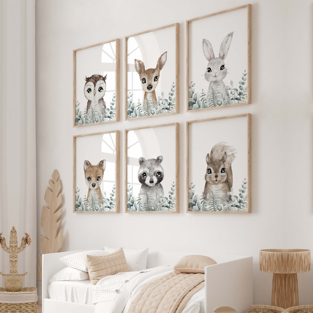 Set of 6 watercolor woodland animals with eucalyptus printable for gender neutral nursery ideas