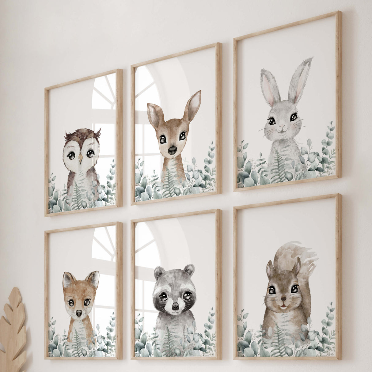 Set of 6 watercolor woodland animals with eucalyptus print for gender neutral nursery decor.