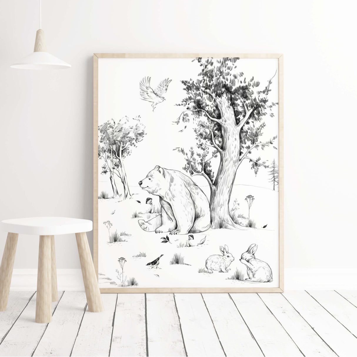 Pencil sketch woodland nursery poster with bear deer, hedgehod, birds, pine tree, sunrise, bunnies for gender neutral nursery decor, sage green nursery decor, black white nursery decor, beige nursery decor, girsl and boys nursery decor, kids room decor.