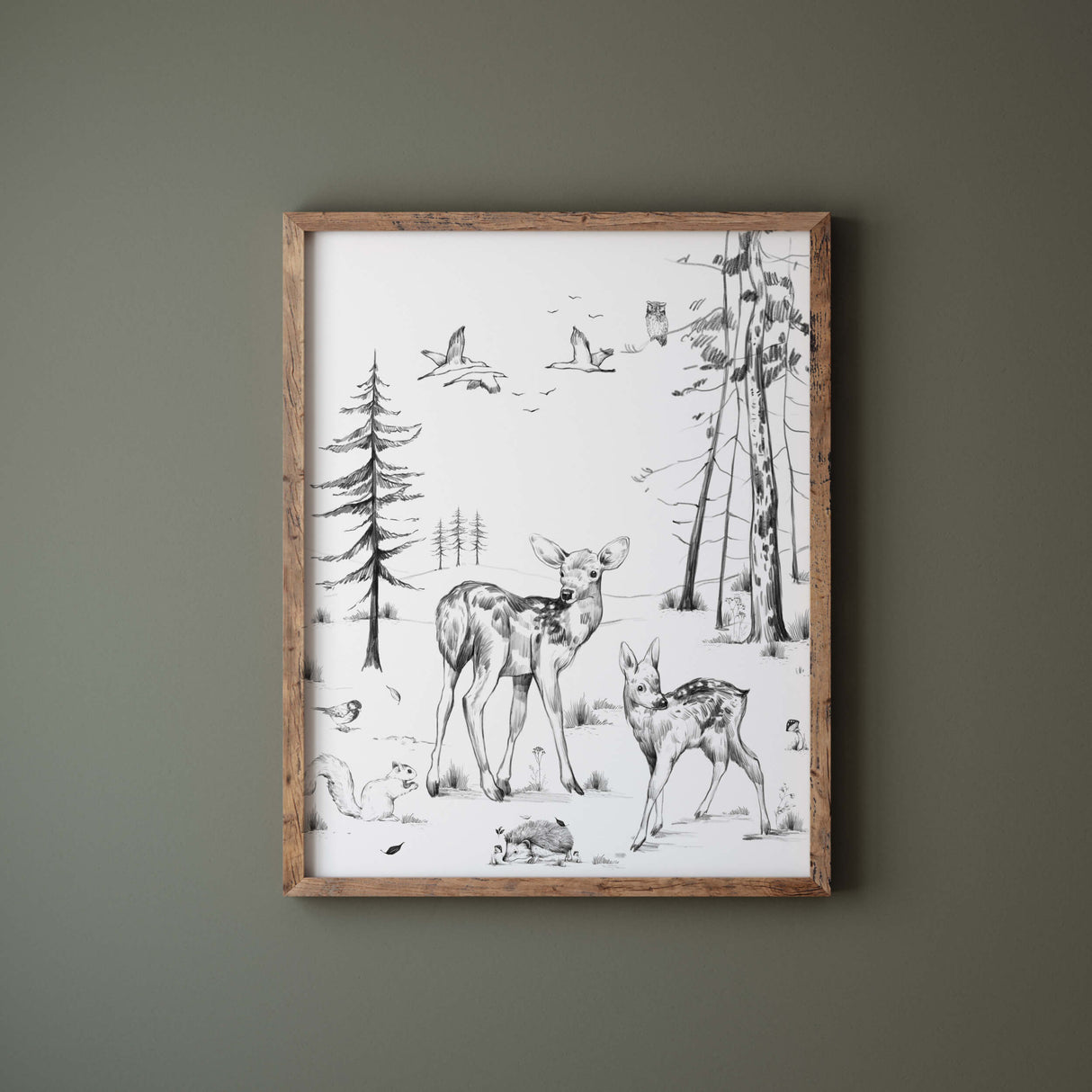 Pencil sketch woodland nursery print with bear deer, hedgehod, birds, pine tree, sunrise, bunnies for gender neutral nursery decor, sage green nursery decor, black white nursery decor.