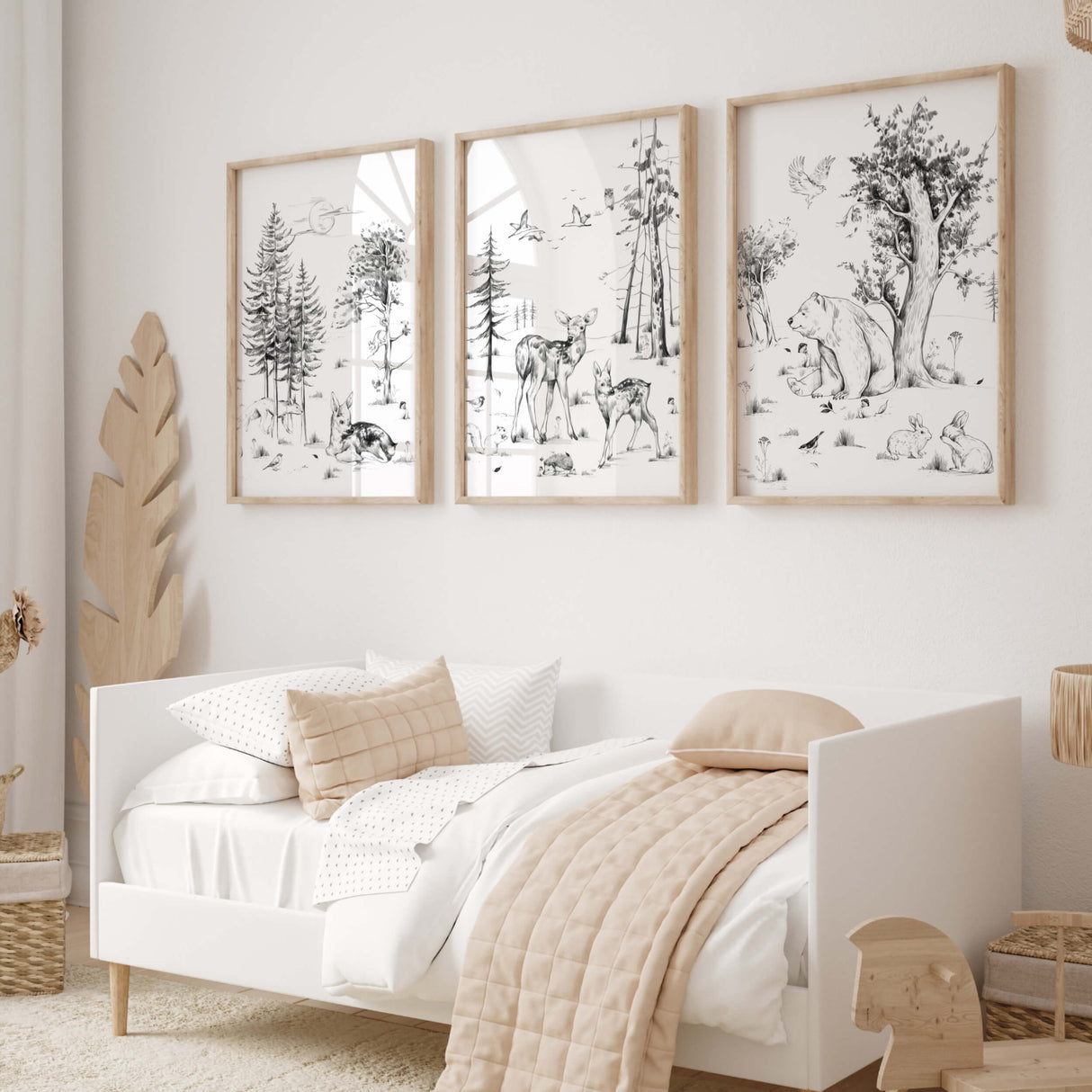 Pencil sketch woodland nursery printable with bear deer, hedgehod, birds, pine tree, sunrise, bunnies for gender neutral nursery decor, sage green nursery decor, black white nursery decor, beige nursery decor.