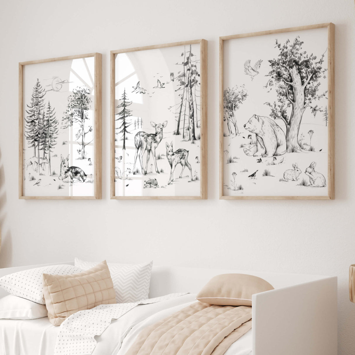 Pencil sketch woodland nursery print with bear deer, hedgehod, birds, pine tree, sunrise, bunnies for gender neutral nursery decor, sage green nursery decor, black white nursery decor, beige nursery decor.