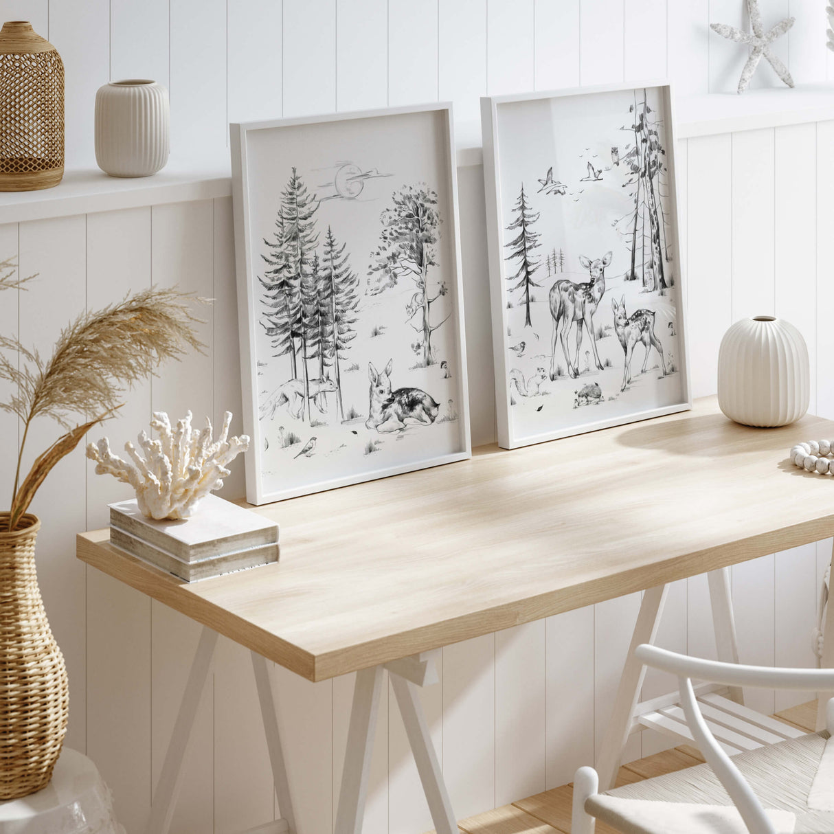 Pencil sketch woodland nursery print with bear deer, hedgehod, birds, pine tree, sunrise, bunnies for gender neutral nursery decor, sage green nursery decor, black white nursery decor, beige nursery decor, girsl and boys nursery decor, kids room decor.