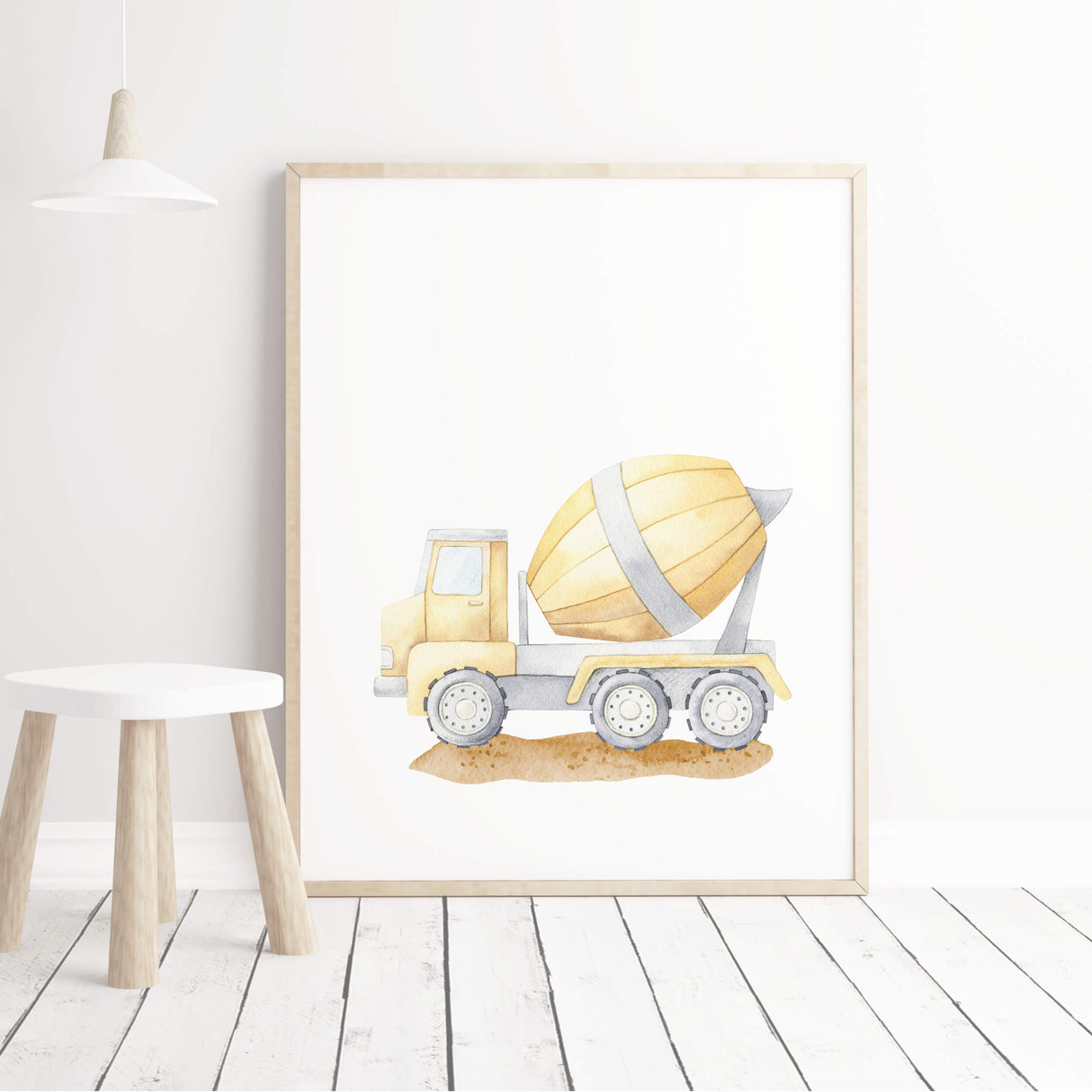 watercolor construction vehicle nursery print with cement mixer for baby boys room decor, toddler room decor, set of 7 printable.