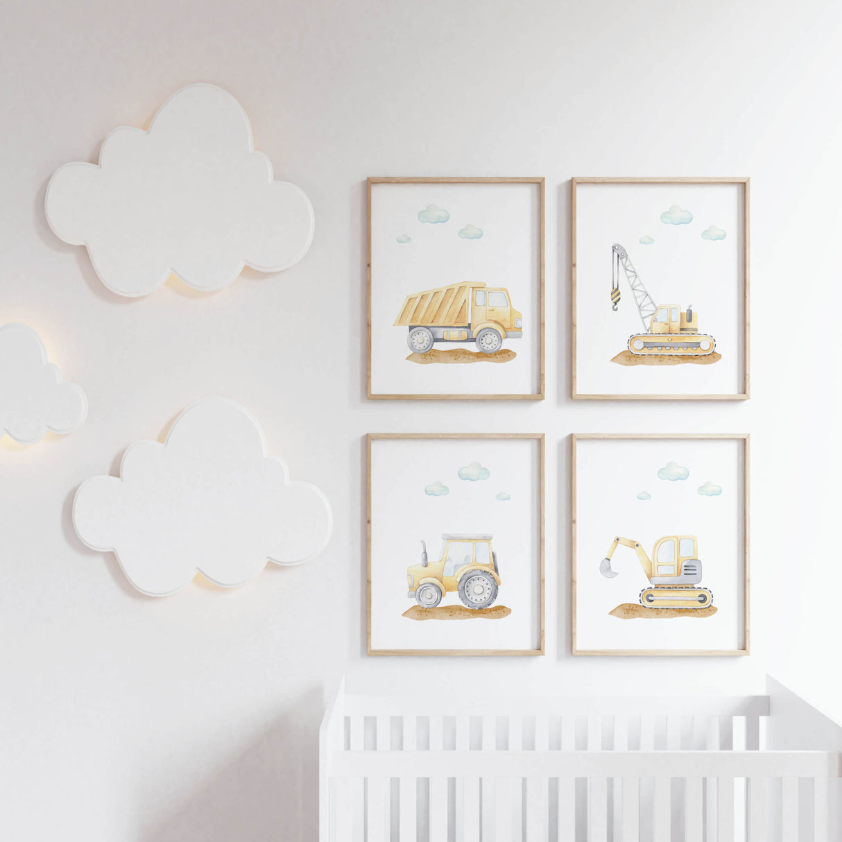 watercolor construction vehicle nursery printable for baby boys room decor, toddler room decor, set of 7 printable, includes: cement mixer, crane, dump truck, digger, tractor, excavator, quote