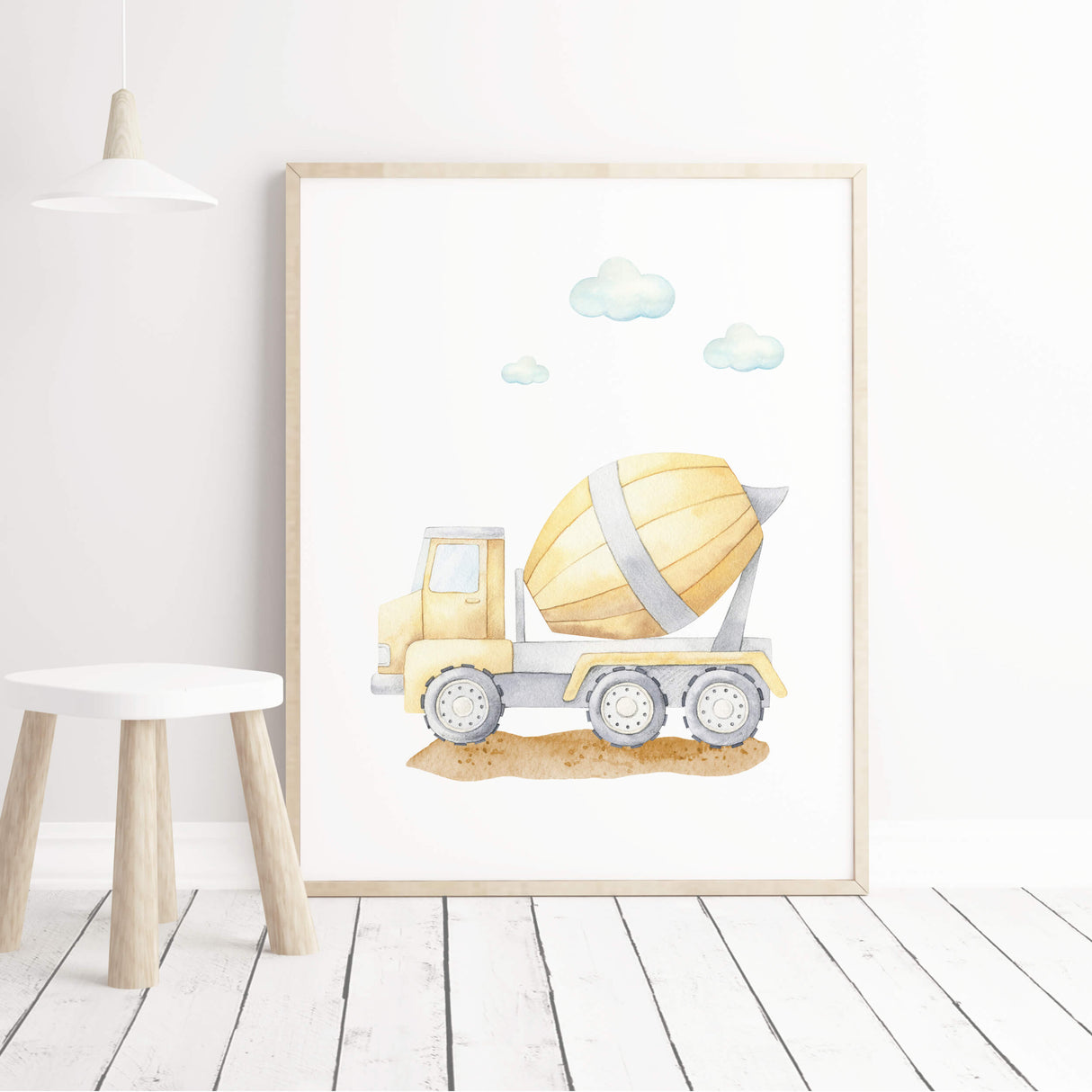 watercolor construction vehicle with cement mixer nursery printable for baby boys room decor, toddler room decor