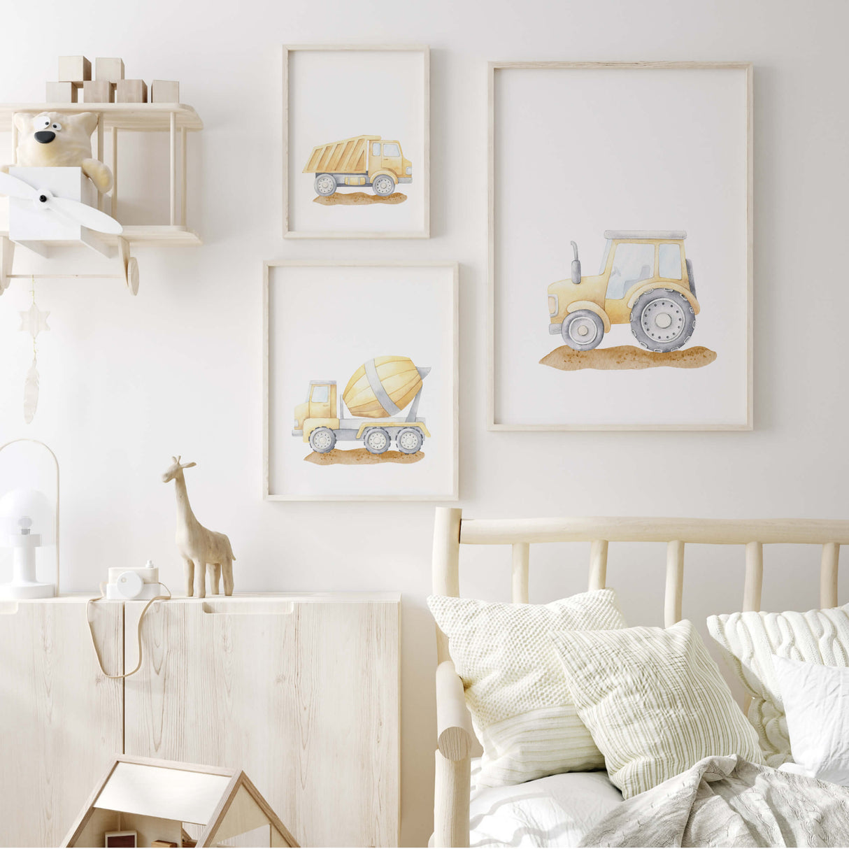 watercolor construction vehicle nursery print with cement mixer, tractor, dump truck for baby boys room decor, toddler room decor, set of 7 printable.