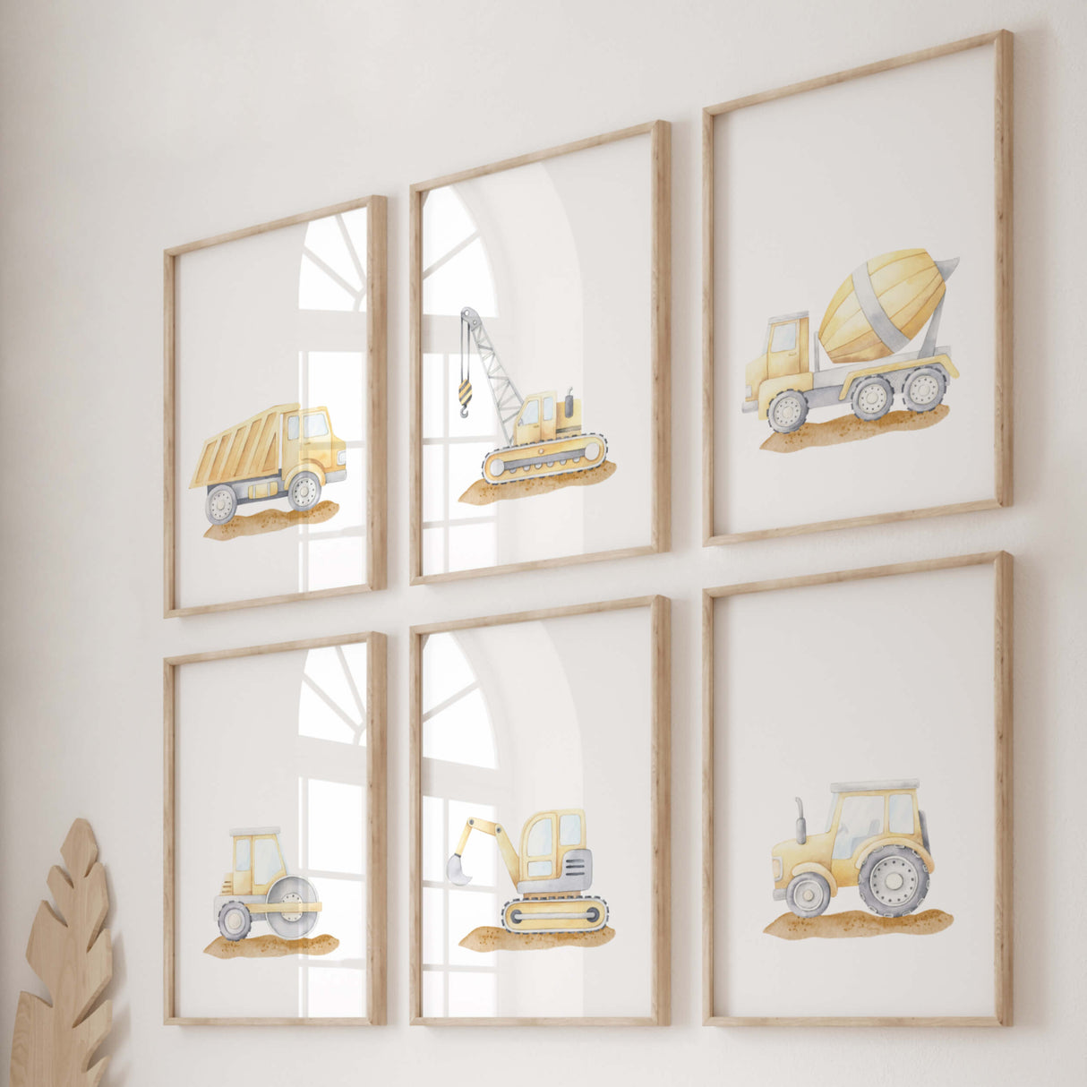 watercolor yellow gray construction vehicle nursery printable for baby boys room decor, toddler room decor, set of 7 printable, includes: cement mixer, crane, dump truck, digger, tractor, excavator, quote