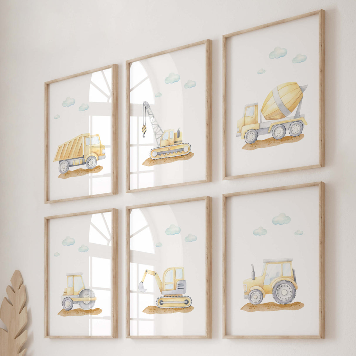 watercolor construction vehicle nursery printable for baby boys room decor, toddler room decor, set of 7 printable, includes: cement mixer, crane, dump truck, digger, tractor, excavator, quote