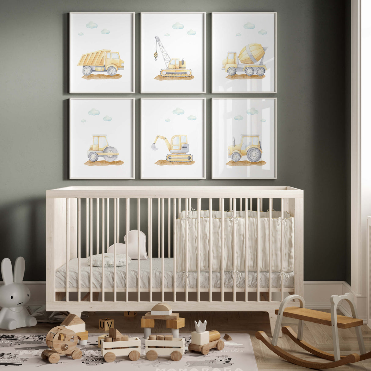 watercolor construction vehicle nursery poster for baby boys room decor, sage green nursery decor, toddler room decor, set of 7 printable, includes: cement mixer, crane, dump truck, digger, tractor, excavator, quote